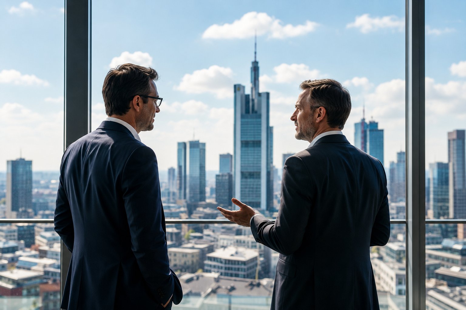 Zwei Geschäftsleute im Gespräch vor der Frankfurter Skyline