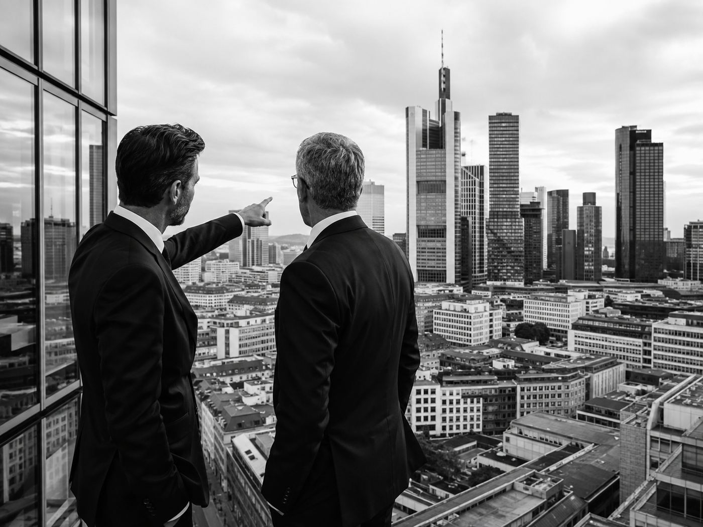 Zwei Berater im Gespräch vor der Frankfurter Skyline