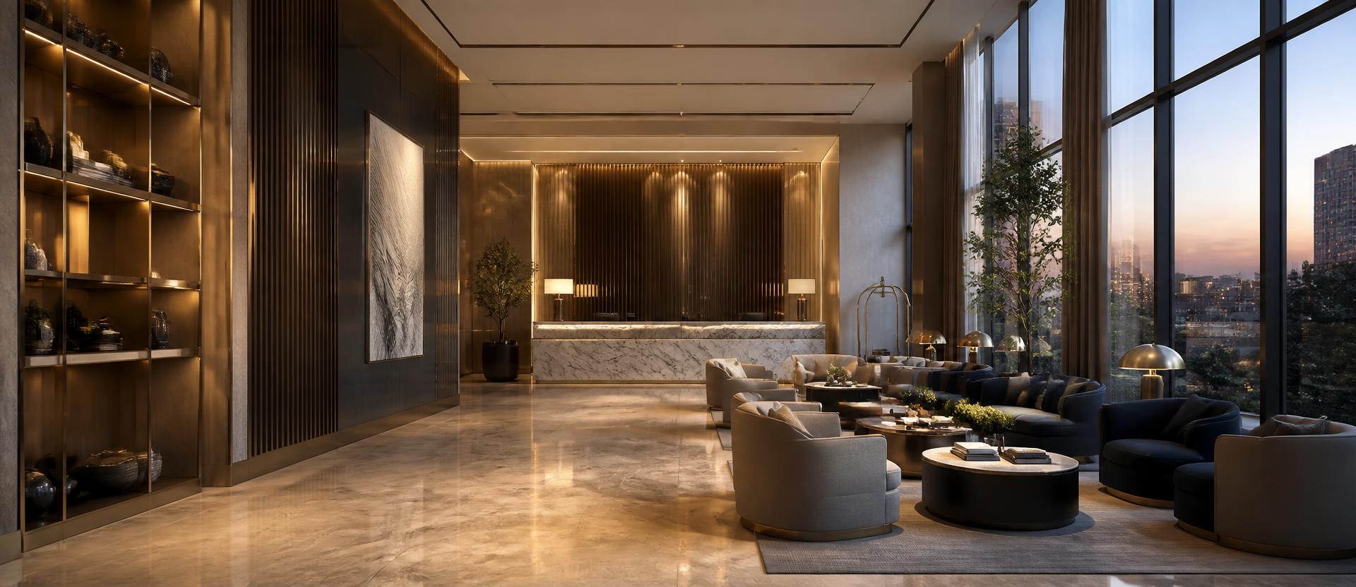 Lobby eines Hotels der gehobenen Kategorie im Abendlicht